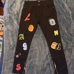 Mens Los Angeles Black Split Hem Zipper Jeans